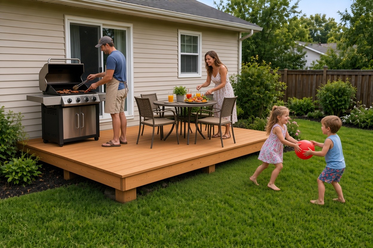 Family grilling and playing on a simple ground-level Outdoor Wood deck